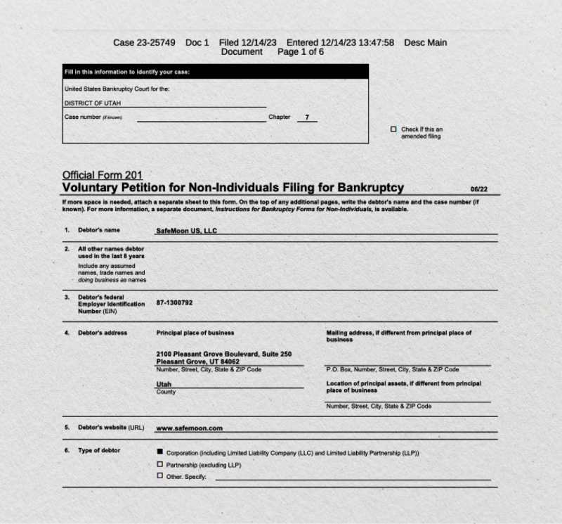 SafeMoon bankruptcy filing