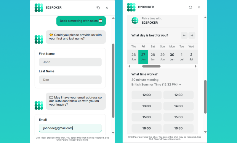 B2BROKER Chili Piper integration into chatbot B2BROKER Chili Piper integration into chatbot